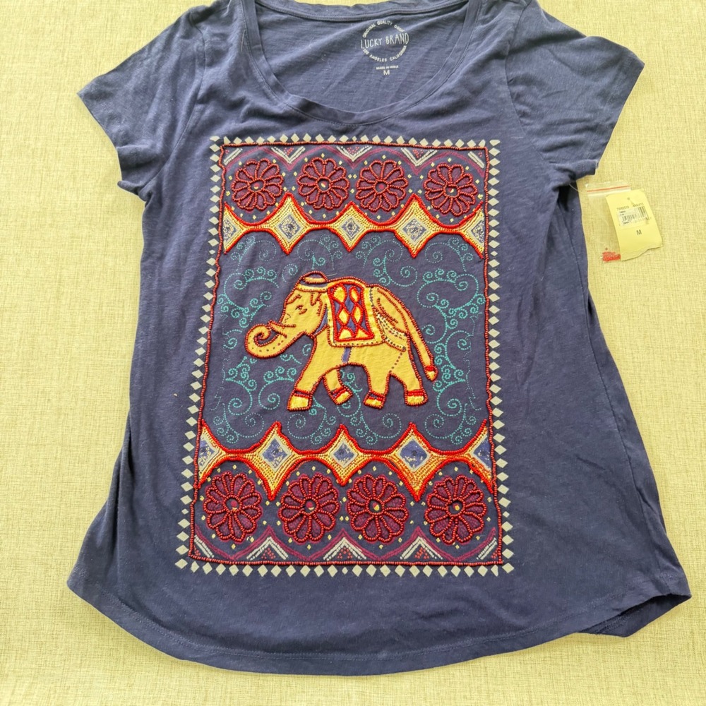 Lucky Brand Tee Shirt Women's Medium Boho Beaded Embellished Elephant Tribal
